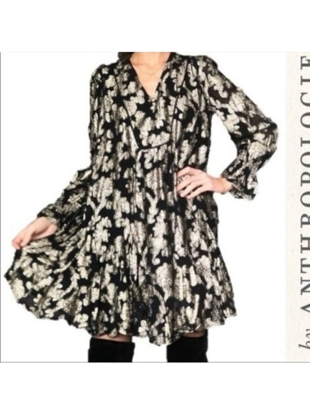 NWT Anthropologie gold foil metallic tunic mini dress XS